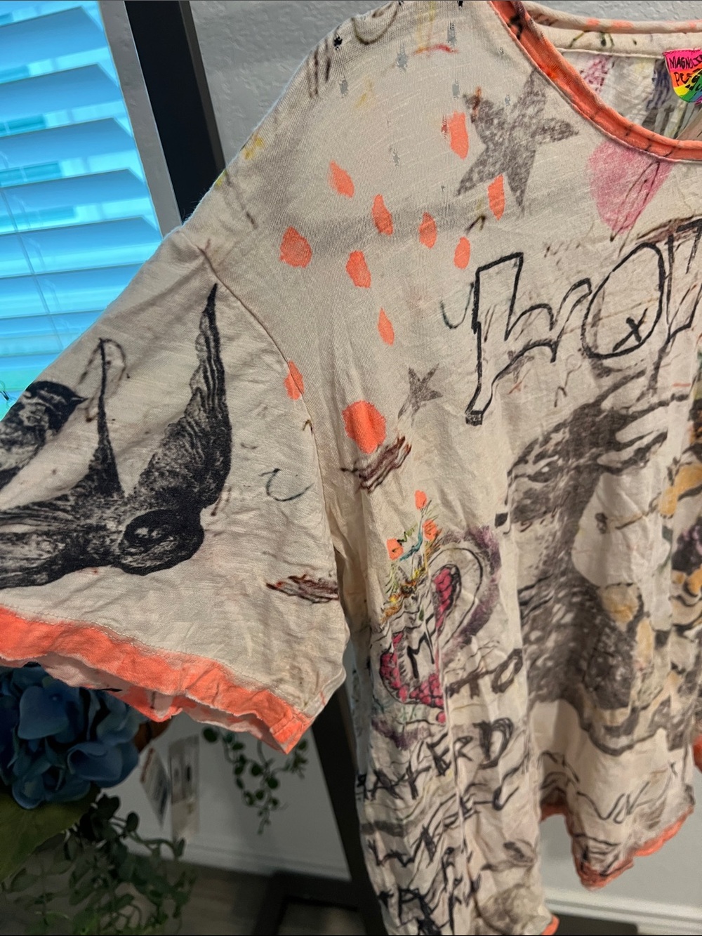 Magnolia Pearl White Graphic Short Sleeve Tee with Neon Coral Trim - Picture 4 of 8